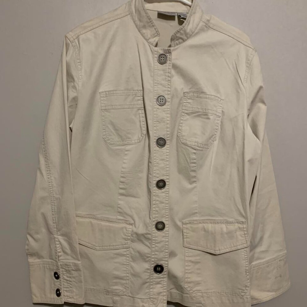 Women's Chico's JACKET Multi Pocket Cargo Size 1 or 8 Cream Cotton Spandex